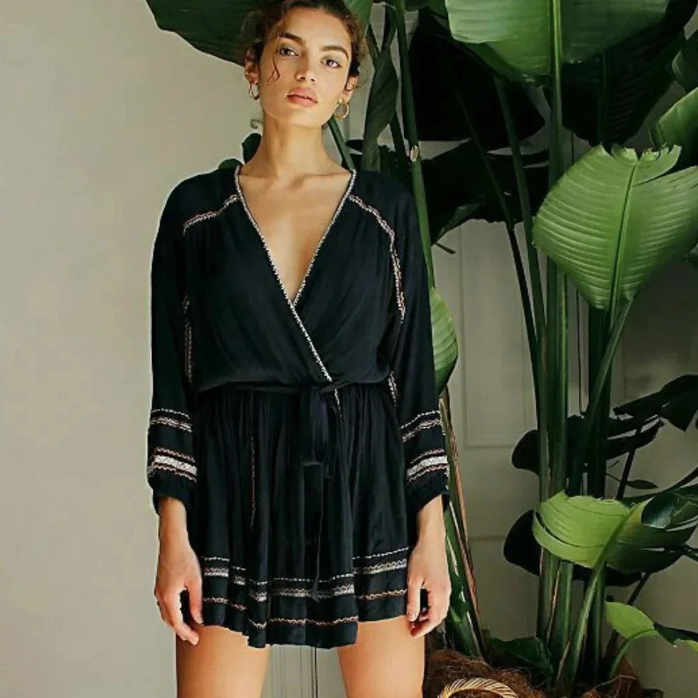 Free People Delilah Embroidered Wrap Mini Dress Midnight Blue Size XS